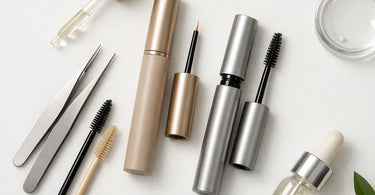 A collage featuring various lash and brow growth serum products, with icons of eyelashes and eyebrows to illustrate the blog topic.