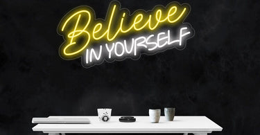 LED Flex Neon Sign - Believe In Yourself in hot pink illuminating a modern salon space