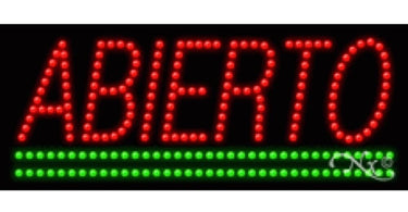 Pure Spa Direct LED Open Sign in Spanish - Abierto - illuminated in a spa window