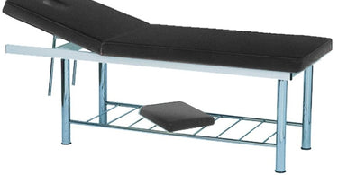 A sleek black lightweight massage and facial bed by PS Beauty, set up in a modern spa room, showcasing its portability and elegant design for professional use.