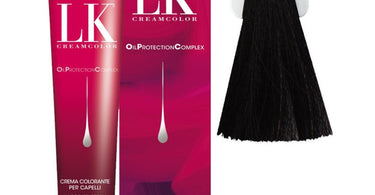 Close-up of Lisap LK OPC Permanent Color tube in shade 3/0, showing rich dark brown color cream and professional packaging