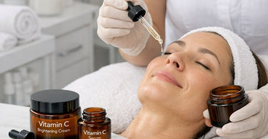 Tinted glass backbar jars protecting vitamin c serum potency and professional skincare ingredients from light damage and oxidation in a spa setting