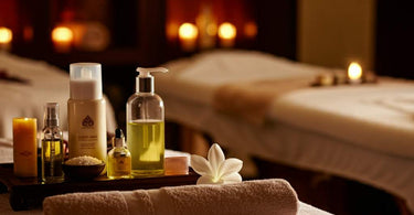 Luxury spa package with a serene ambiance including candles and plush towels.