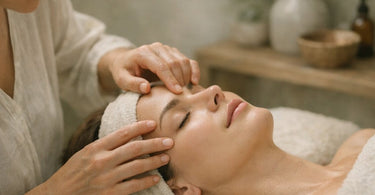 A professional esthetician performing gentle lymphatic drainage massage techniques on a client's face and neck in a serene spa setting