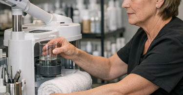 Technician performing maintenance on a professional grade facial steamer to ensure longevity and optimal performance