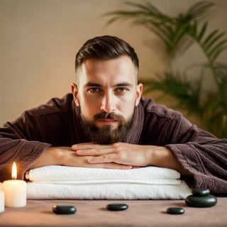 Male relaxing at a spa in a robe with towels and stones