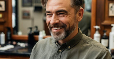 Man with a fresh haircut at a barber shop.