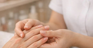 A professional nail technician wearing blue nitrile gloves applying gel polish carefully to a client's natural nail, avoiding contact with the surrounding skin.