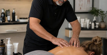 A serene spa setting with a massage table, warm towels, and essential oils, symbolizing professional post-treatment care and client comfort for managing delayed onset muscle soreness.