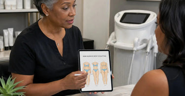 Banner for a blog post about managing client expectations for non-invasive body sculpting, featuring a relaxing spa treatment scene.