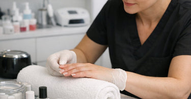 Nail technician extending short nail bed with gel application at salon station