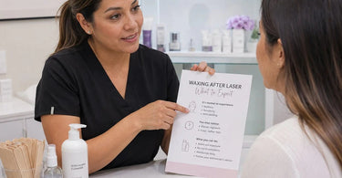 A professional esthetician managing a client's expectations for waxing after laser hair removal, showing a consultation with equipment and products.