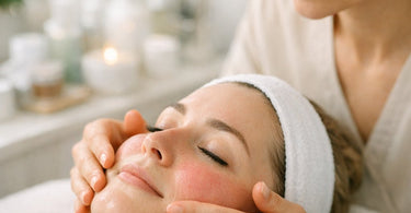 A serene esthetician performs a gentle facial treatment on a client with calm, rosacea-prone skin in a professional spa setting