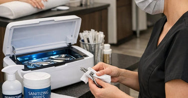 A professional nail technician performing a waterless manicure using an e-file on a clean nail table, emphasizing hygiene and cross-contamination prevention.