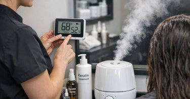 A professional stylist using a flat iron on a keratin hair treatment while a digital hygrometer displays perfect humidity levels in the background.