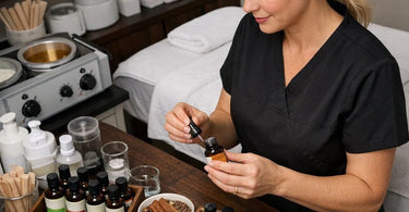 Seasonal essential oil blends arranged on a wooden tray with lavender and orange slices for spa inventory management.