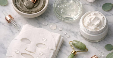 Mask Mixing Guide for Professionals: Clay, Gel, Cream, and Sheet Masks on a marble surface, showcasing Pure Spa Direct products for spa and salon use.