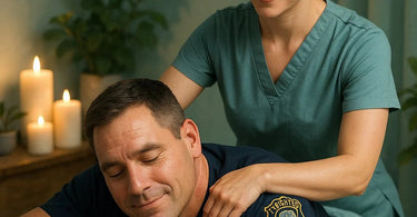 Therapeutic massage session for first responder showing relief and relaxation