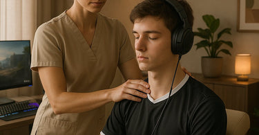 Professional massage therapist treating a gamer for tech neck and shoulder pain during an esports recovery session