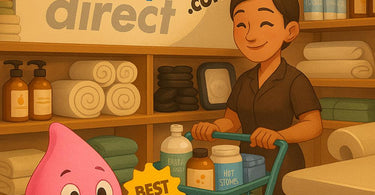 Professional massage supplies including oils, stones, and towels arranged neatly for spa use