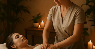 Therapist performing diaphragm massage technique on client demonstrating proper hand placement and breathing exercise