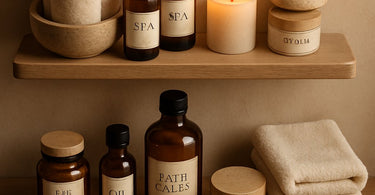 A beautifully organized micro-planogram display on a small spa shelf featuring curated skincare and waxing products