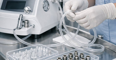Assorted diamond microdermabrasion tips and handpieces laid out on a clean, professional surface, representing essential consumables for spa treatments.