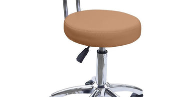 Mirha Technician Stool with Back in tan PU leather by Meishida - ergonomic salon seating with chrome base