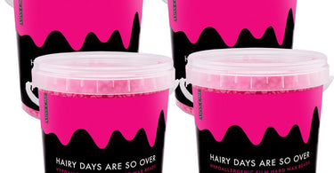 Miss Cire Hot Pink Beads - Hairy Days Are So Over - Hypoallergenic Stripless Film Hard Wax Beads in a 1.85 lb. bucket, case of 4 buckets totaling 7.4 lbs., displayed on Pure Spa Direct.