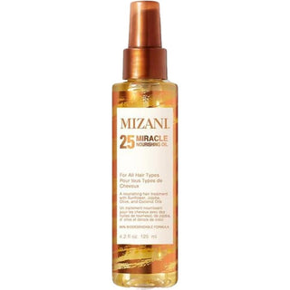 Mizani 25 Miracle Nourishing Hair Oil bottle, showcasing its sleek design and highlighting its 25 transformative benefits for hair.