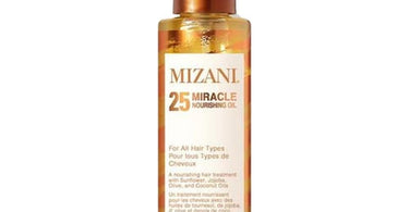 Mizani 25 Miracle Nourishing Hair Oil bottle, showcasing its sleek design and highlighting its 25 transformative benefits for hair.