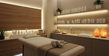 Modern spa room design with serene ambiance, featuring soft lighting, natural materials, and luxurious furniture