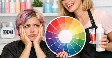 A hairstylist consulting with a client about hair color maintenance, with vibrant color swatches and professional products visible.