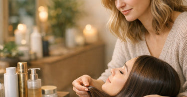 A professional hairstylist using a curling iron on a client's hair in a salon, demonstrating the curl investigation process