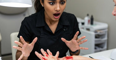 Nail technician assessing a client's hands with open cuts before a manicure