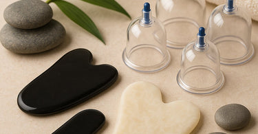 Professional myofascial tools including Gua Sha instruments and cupping sets arranged on spa towel