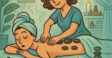 A serene spa setting with a massage therapist performing a gentle hand massage on a relaxed client, symbolizing the comfort and professionalism of evidence-based massage therapy.