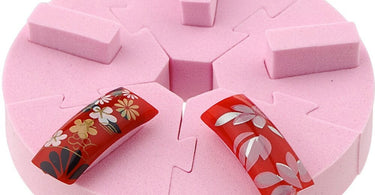 Pink Nail Art Practice Stand with five removable nail tips, perfect for salon professionals to practice acrylics, gels, and designs.