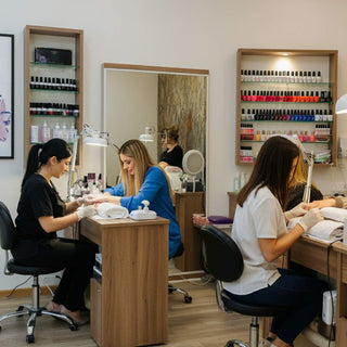 A modern nail salon featuring elegant nail stations and pedicure chairs