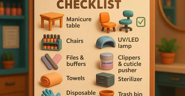 Essential nail salon equipment including manicure tables, pedicure chairs, and nail polish displays for a professional setup