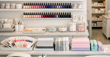 A neatly organized nail salon station with labeled jars of nail files, buffers, tips, and a rainbow display of gel colors for effective par stock planning.