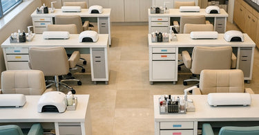 Efficient nail salon layout featuring a well-organized manicure station, pedicure area, and smart stocking zones for professional workflow.