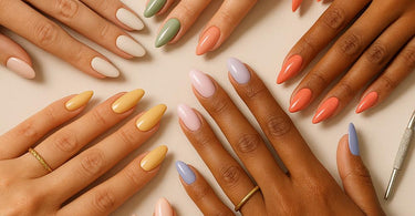 2025 nail shape trends chart featuring popular styles like soft square, almond squoval, and ballerina shapes