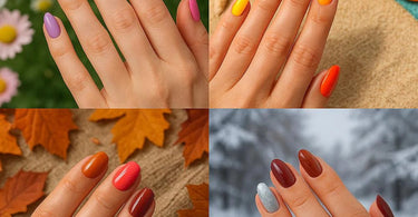 Trendy seasonal nail colors displayed on a salon table with polish bottles and nail art tools