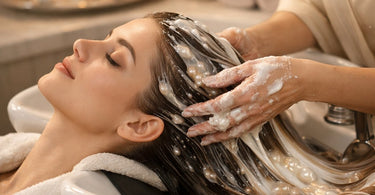 Professional salon treatment showing application of luxurious caviar and silk protein hair mask for deep repair and shine