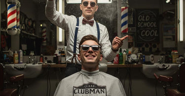 Vintage barber station with Clubman Pinaud Finest Powder, straight razor, and leather strop