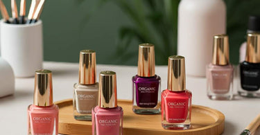 Assorted bottles of organic nail polish in various colors