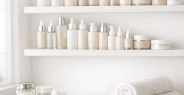 A beautifully organized and clean esthetician's back bar with labeled bottles, neat tools, and serene spa decor