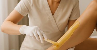 Professional esthetician performing a pain-free waxing treatment on a client