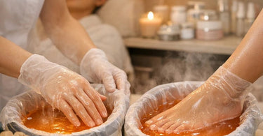 A person receiving a luxurious paraffin wax hand treatment at a professional spa, with a focus on the warm wax application and cozy towels.